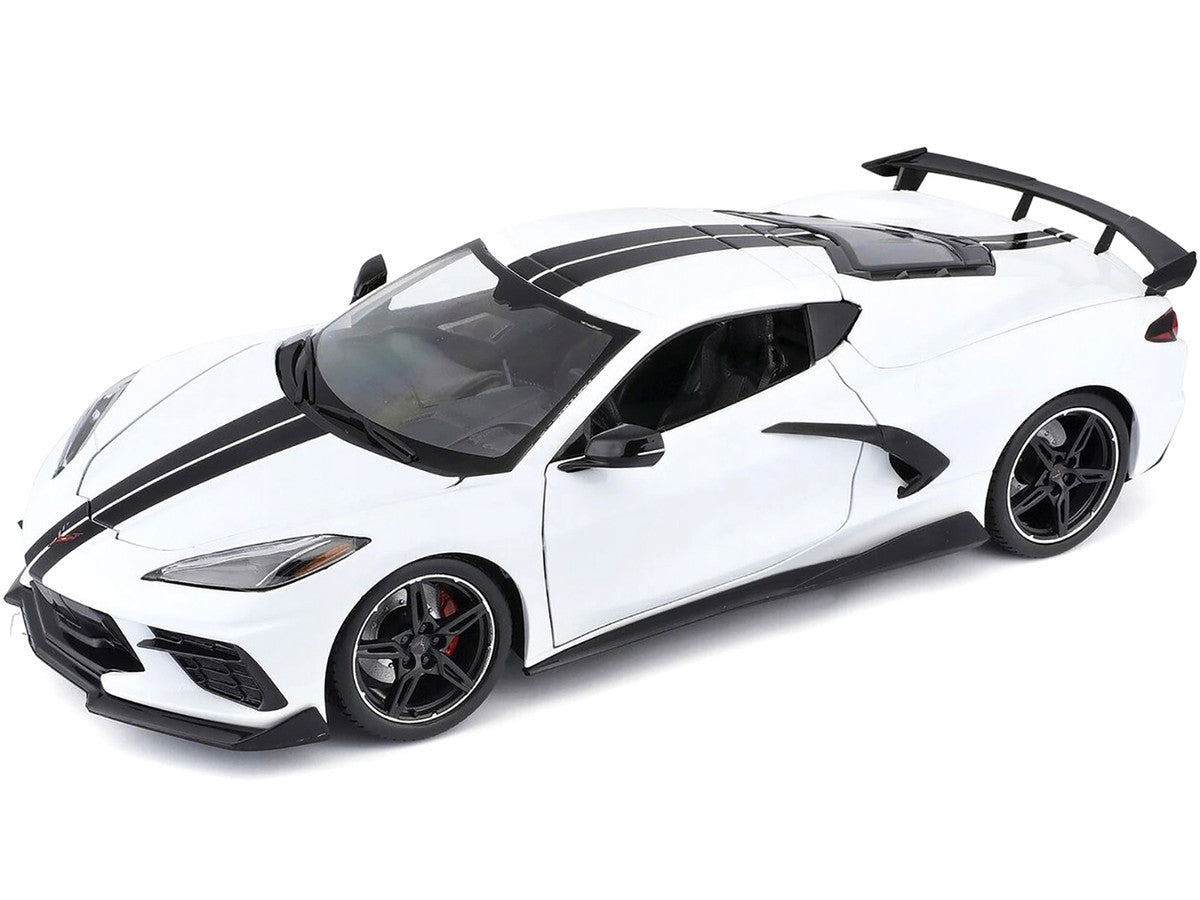 2020 Chevrolet Corvette Stingray C8 Coupe with High Wing White with Black Stripes 1/18 Diecast Model Car by Maisto Maisto