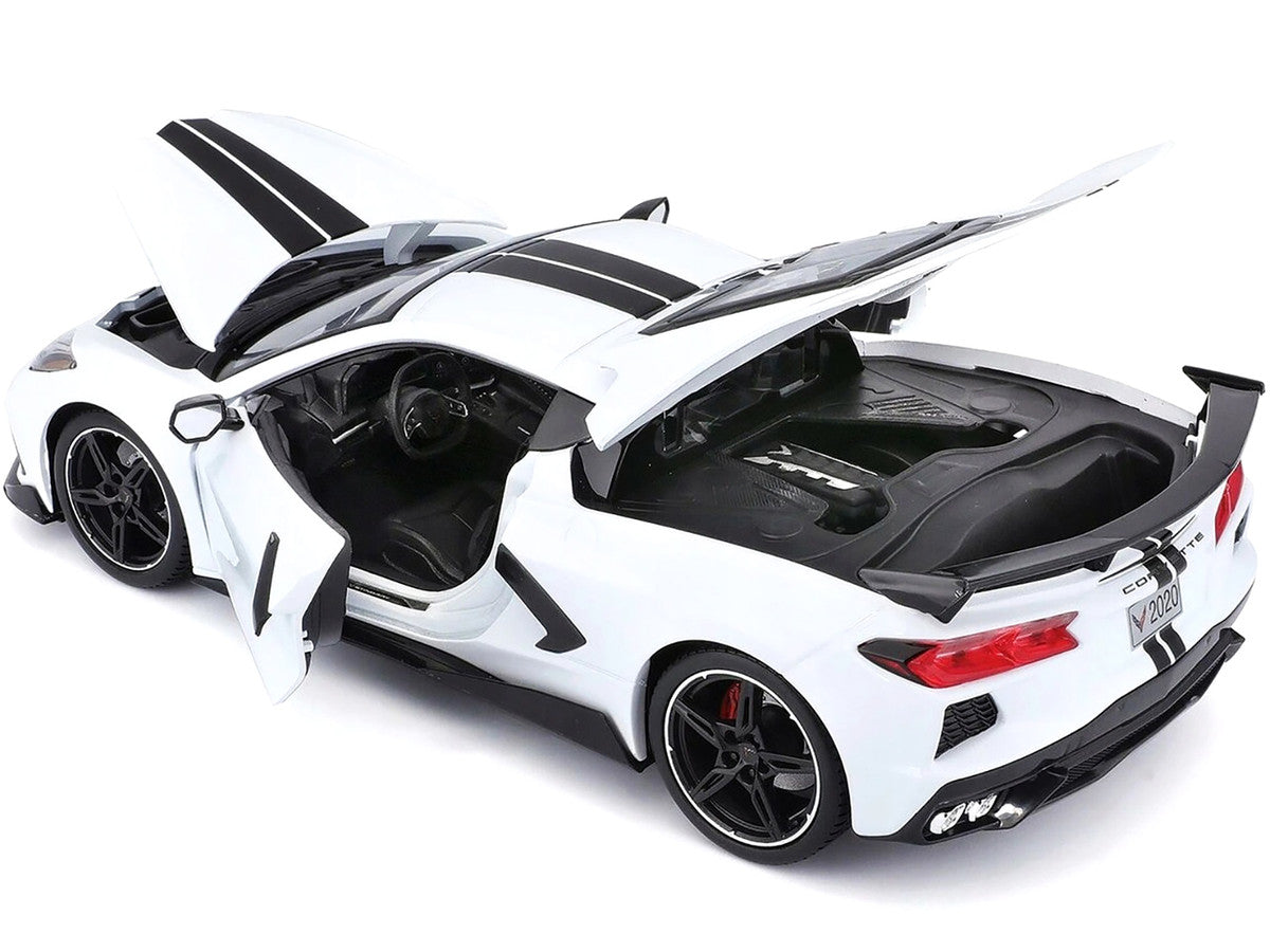 2020 Chevrolet Corvette Stingray C8 Coupe with High Wing White with Black Stripes 1/18 Diecast Model Car by Maisto Maisto