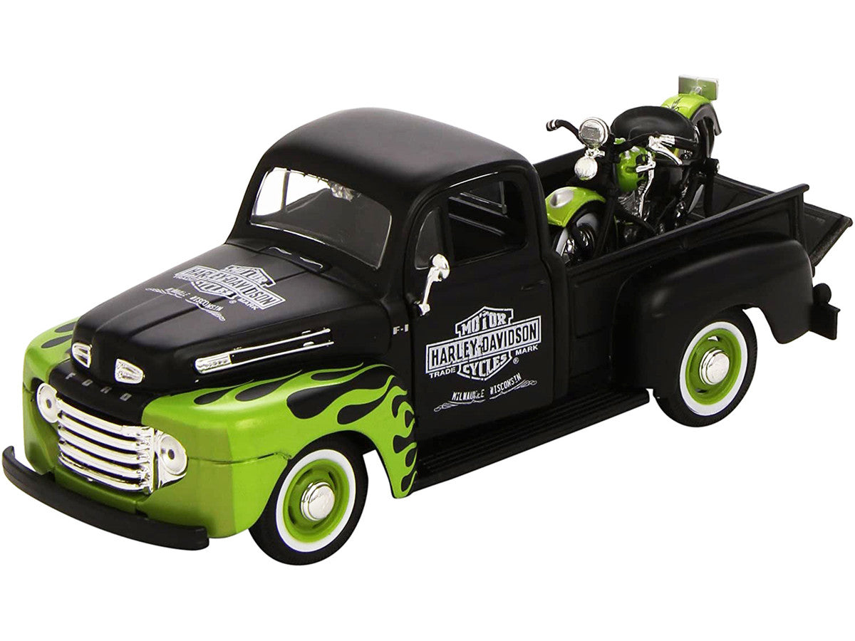 1948 Ford F-1 Pickup Truck "Harley Davidson" with 1948 Harley Davidson FL Panhead Motorcycle Black and Green 1/24 Diecast Models by Maisto Maisto