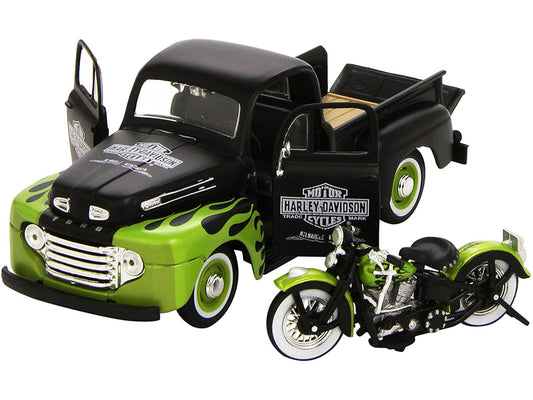 1948 Ford F-1 Pickup Truck "Harley Davidson" with 1948 Harley Davidson FL Panhead Motorcycle Black and Green 1/24 Diecast Models by Maisto Maisto
