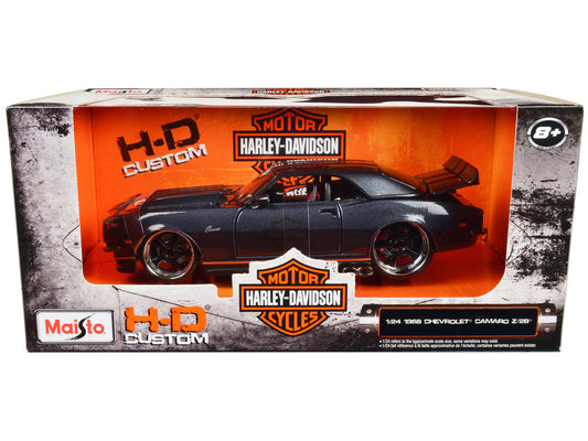 1968 Chevrolet Camaro Z/28 Dark Gray Metallic with Black and Orange Stripes "Harley Davidson" "H-D Custom" 1/24 Diecast Model Car by Maisto Maisto