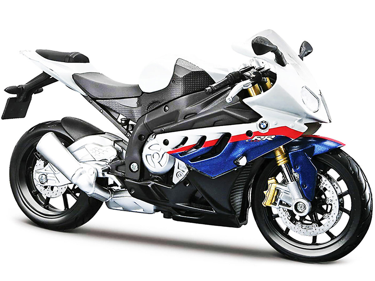 BMW S 1000 RR White with Blue and Red Stripes with Plastic Display Stand 1/12 Diecast Motorcycle Model by Maisto Maisto