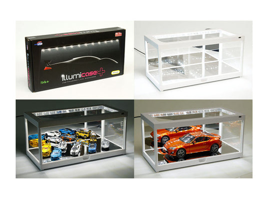 White Collectible Display Show Case Illumicase+ with LED Lights and Mirror Base and Back for 1/64 1/43 1/32 1/24 1/18 Scale Models by Illumibox Illumibox