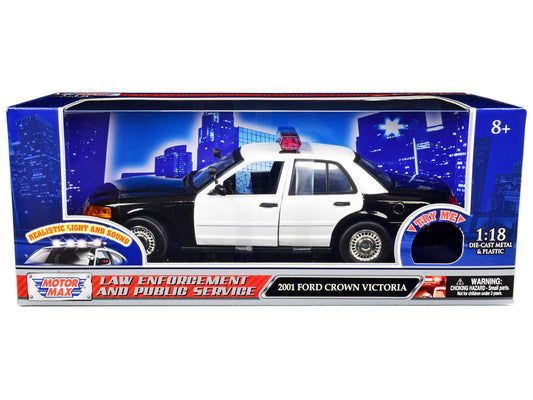 2001 Ford Crown Victoria Police Car Plain Black & White with Flashing Light Bar & Front and Rear Lights and Sound 1/18 Diecast Model Car by Motormax Motormax