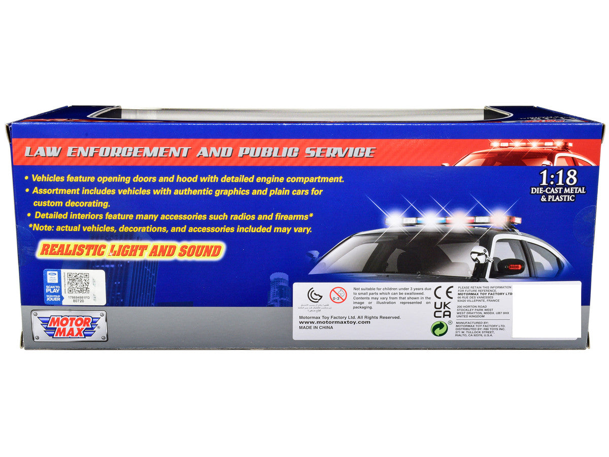 2001 Ford Crown Victoria Police Car Plain Black & White with Flashing Light Bar & Front and Rear Lights and Sound 1/18 Diecast Model Car by Motormax Motormax