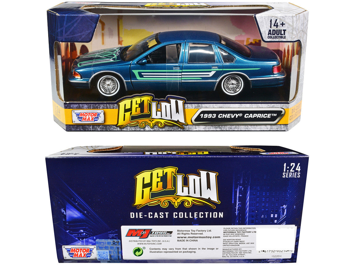 1993 Chevrolet Caprice Lowrider Blue Metallic with Graphics "Get Low" Series 1/24 Diecast Model Car by Motormax Motormax