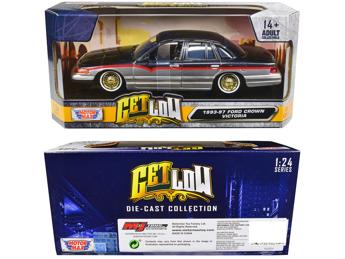 1993-1997 Ford Crown Victoria Lowrider Black Metallic and Silver with Red Stripes "Get Low" Series 1/24 Diecast Model Car by Motormax Motormax