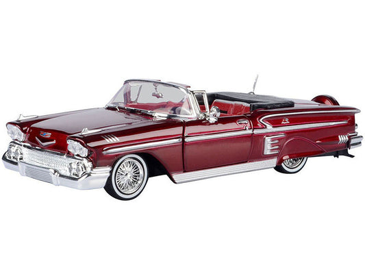 1958 Chevrolet Impala Convertible Lowrider Dark Red Metallic with Red Interior "Get Low" Series 1/24 Diecast Model Car by Motormax Motormax