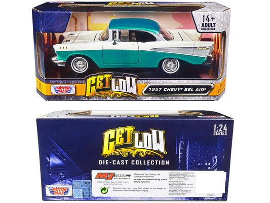 1957 Chevrolet Bel Air Lowrider Turquoise Metallic and White "Get Low" Series 1/24 Diecast Model Car by Motormax Motormax