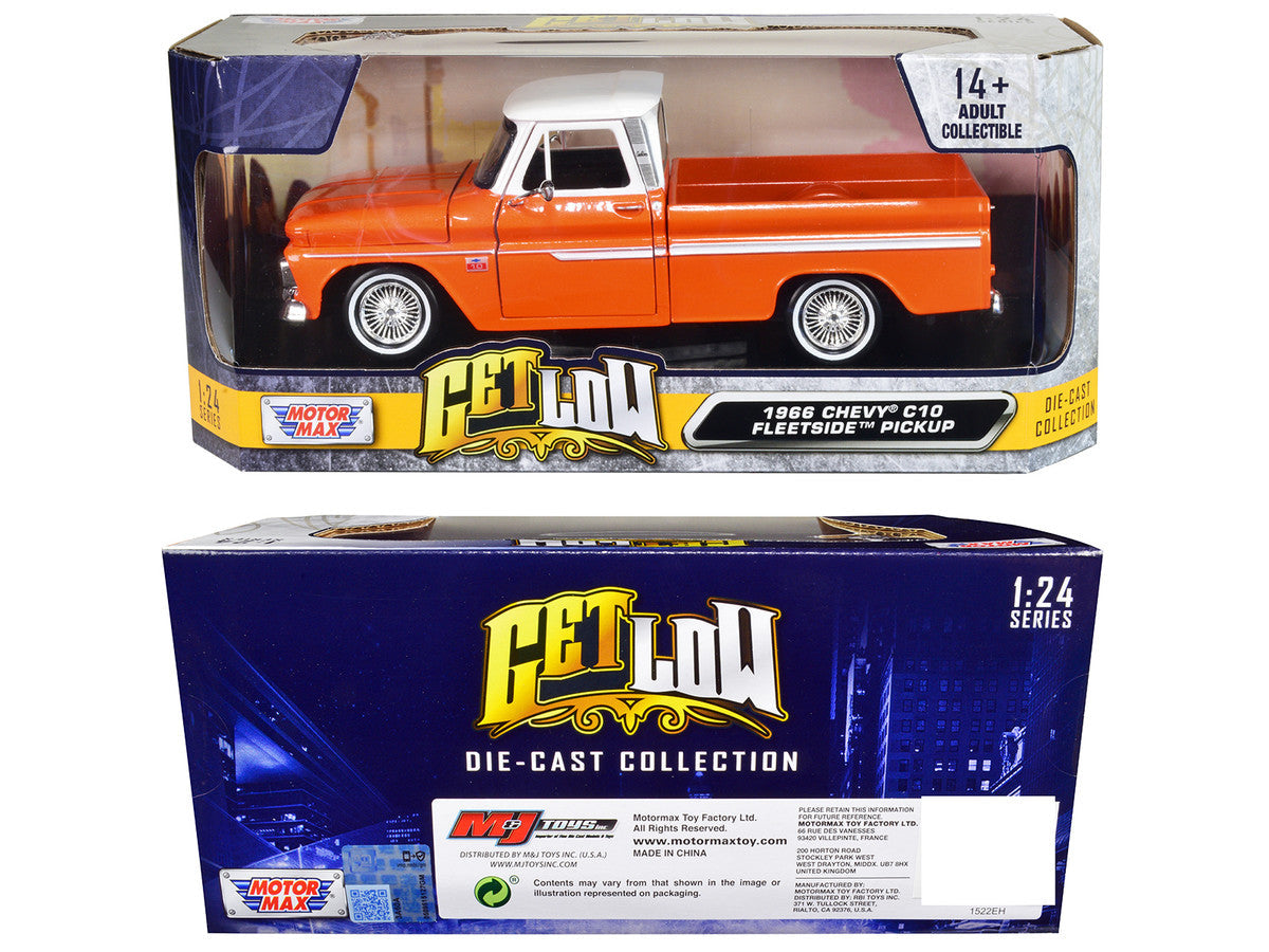 1966 Chevrolet C10 Fleetside Pickup Truck Lowrider Orange Metallic with White Top "Get Low" Series 1/24 Diecast Model Car by Motormax Motormax