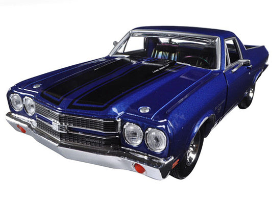 1970 Chevrolet El Camino SS 396 Dark Blue Metallic with Black Stripes 1/24 Diecast Model Car by Motormax Motormax