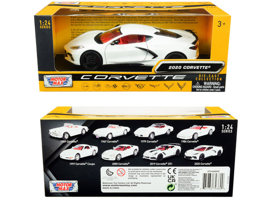 2020 Chevrolet Corvette C8 Stingray White with Red Interior "History of Corvette" Series 1/24 Diecast Model Car by Motormax Motormax