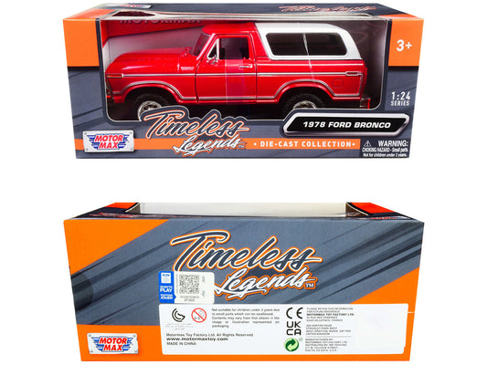 1978 Ford Bronco Custom Red and White "Timeless Legends" Series 1/24 Diecast Model Car by Motormax Motormax