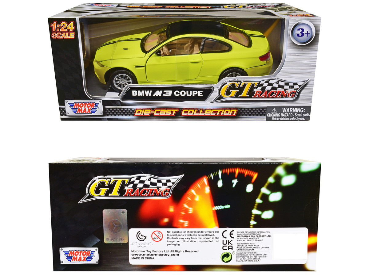 BMW M3 Coupe Neon Yellow with Matt Black Top and Stripes "GT Racing" Series 1/24 Diecast Model Car by Motormax Motormax