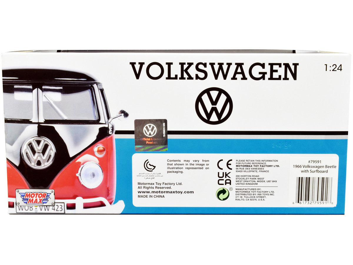 1966 Volkswagen Beetle Black with Wood Panels and Two Surfboards on Roof Rack 1/24 Diecast Model Car by Motormax Motormax