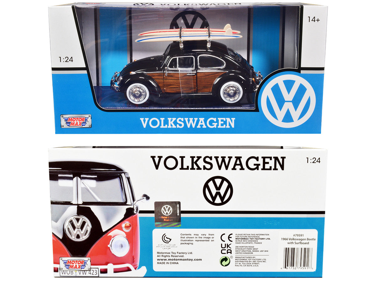 1966 Volkswagen Beetle Black with Wood Panels and Two Surfboards on Roof Rack 1/24 Diecast Model Car by Motormax Motormax