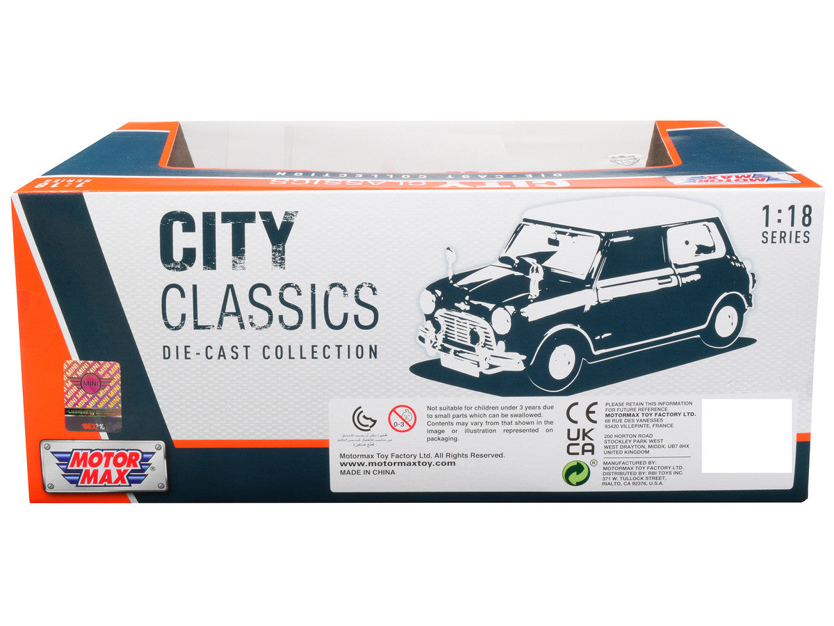 1961-1967 Morris Mini Cooper RHD (Right Hand Drive) Dark Blue with British Flag on the Top and Roof Rack "City Classics" Series 1/18 Diecast Model Car by Motormax Motormax