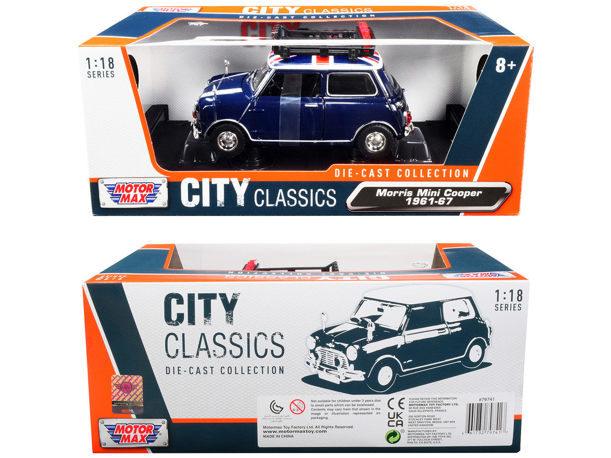 1961-1967 Morris Mini Cooper RHD (Right Hand Drive) Dark Blue with British Flag on the Top and Roof Rack "City Classics" Series 1/18 Diecast Model Car by Motormax Motormax