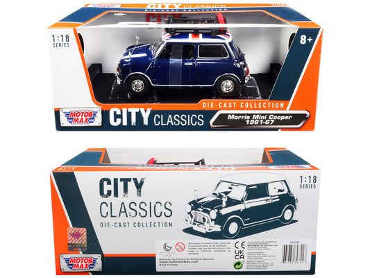 1961-1967 Morris Mini Cooper RHD (Right Hand Drive) Dark Blue with British Flag on the Top and Roof Rack "City Classics" Series 1/18 Diecast Model Car by Motormax Motormax
