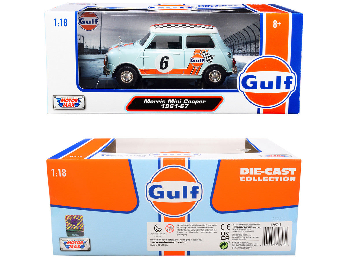 1961-1967 Morris Mini Cooper RHD (Right Hand Drive) #6 "Gulf Oil" Light Blue with Orange Stripes and Checkered Top "City Classics" Series 1/18 Diecast Model Car by Motormax Motormax