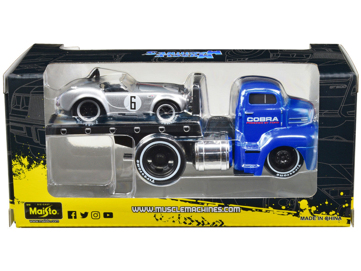 1950 Ford COE Flatbed Truck Blue "Cobra Powered by Ford" and 1964 Shelby Cobra #6 Silver Metallic with Stripes "Muscle Transports" Series 1/64 Diecast Model Cars by Muscle Machines Muscle Machines