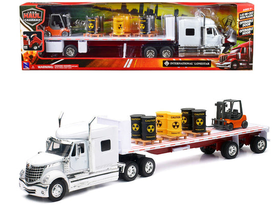 International Lonestar Flatbed Truck White with 6 Toxic Barrels 3 Pallets and Forklift "Long Haul Trucker" Series 1/32 Diecast Model by New Ray New Ray