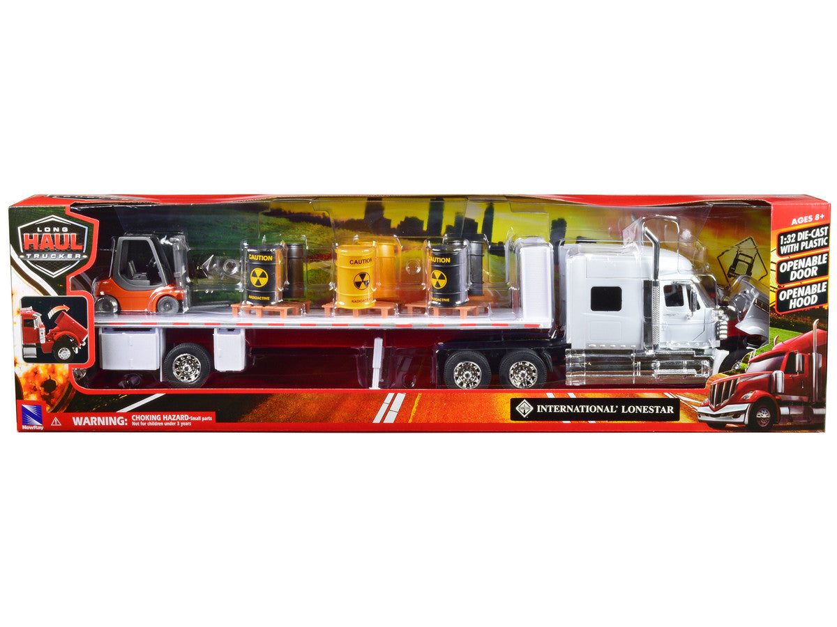 International Lonestar Flatbed Truck White with 6 Toxic Barrels 3 Pallets and Forklift "Long Haul Trucker" Series 1/32 Diecast Model by New Ray New Ray