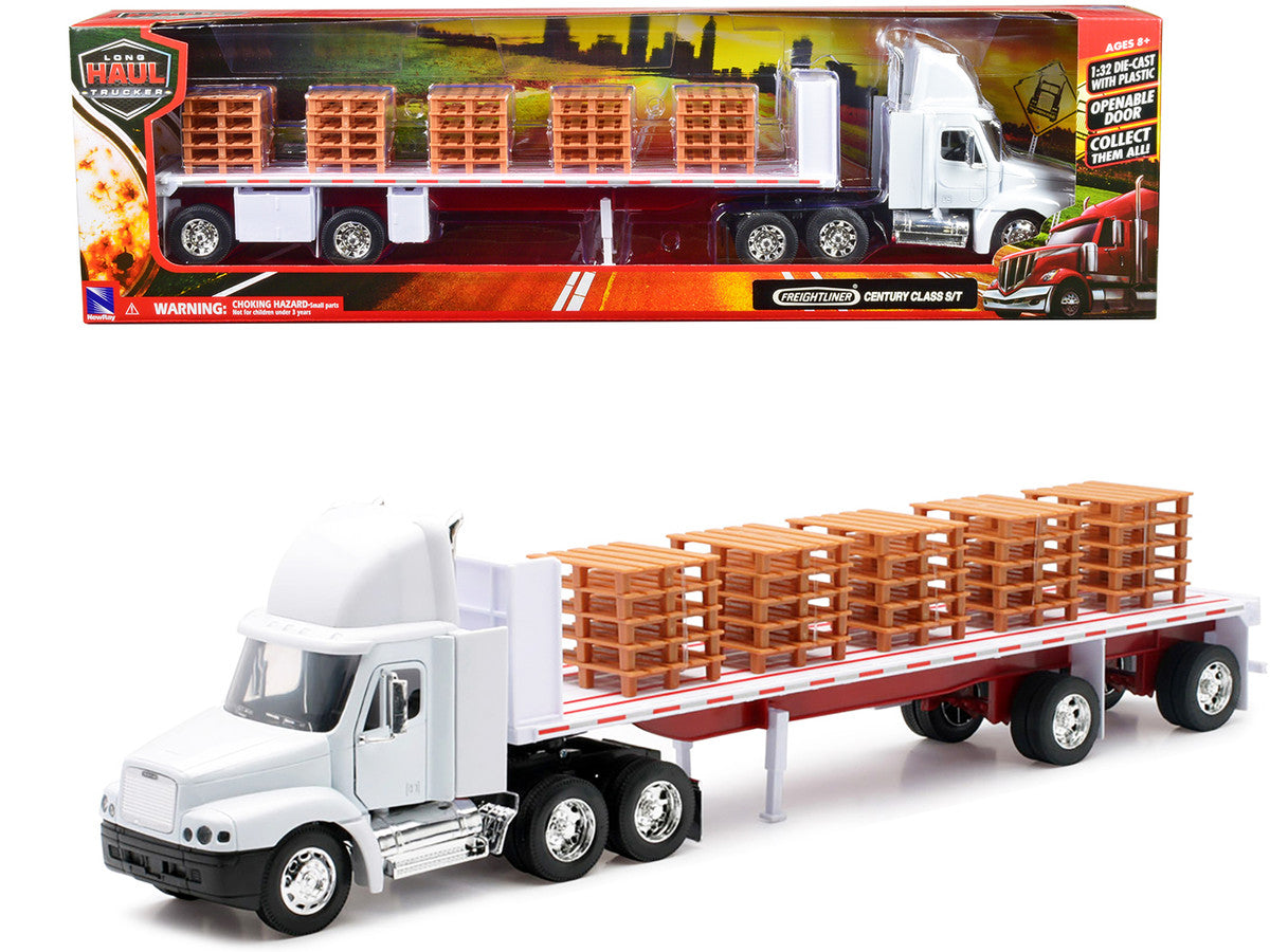 Freightliner Century Class S/T Flatbed Truck White with Pallet Accessories "Long Haul Trucker" Series 1/32 Diecast Model by New Ray New Ray