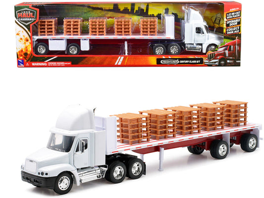 Freightliner Century Class S/T Flatbed Truck White with Pallet Accessories "Long Haul Trucker" Series 1/32 Diecast Model by New Ray New Ray