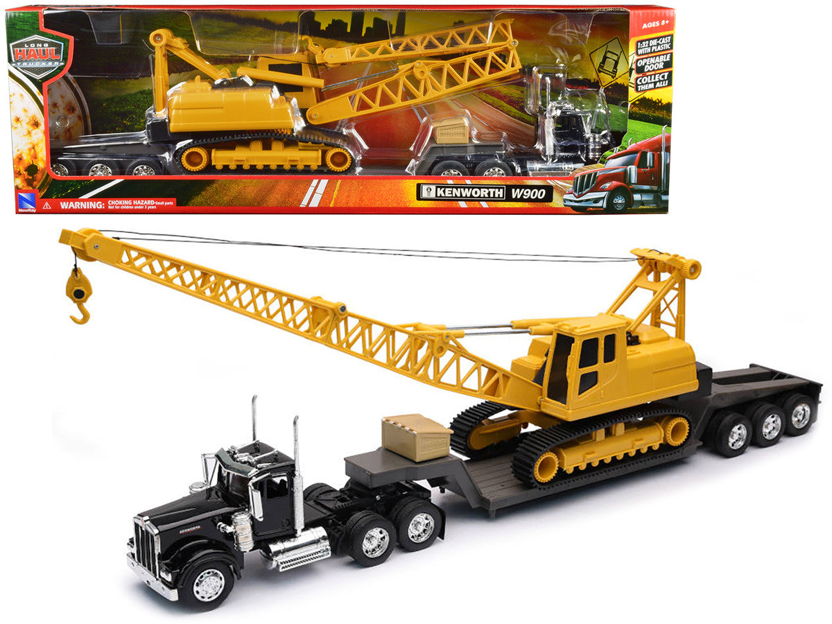 Kenworth W900 Truck with Lowboy Trailer Black and Crane Yellow "Long Haul Trucker" Series 1/32 Diecast Model by New Ray New Ray