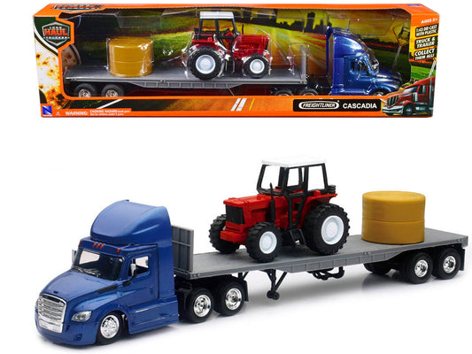 Freightliner Cascadia with Flatbed Trailer Blue with Farm Tractor Red and Hay Bales "Long Haul Trucker" Series 1/43 Diecast Model by New Ray New Ray
