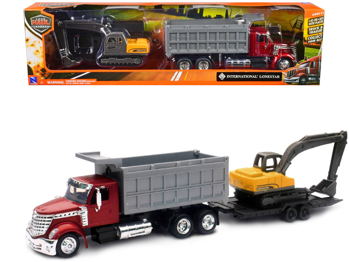 International Lonestar Dump Truck Red and Tracked Excavator Yellow with Flatbed Trailer "Long Haul Truckers" Series 1/43 Diecast Model by New Ray New Ray