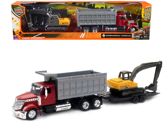 International Lonestar Dump Truck Red and Tracked Excavator Yellow with Flatbed Trailer "Long Haul Truckers" Series 1/43 Diecast Model by New Ray New Ray