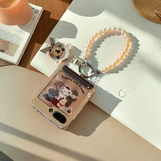 Pearl Bracelet Leather Case for Samsung Z Flip 5 6 - Stylish Chain Cover with Hinge Protection, Chic and Functional Design W2B