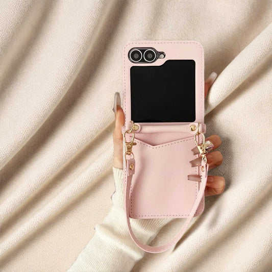 Luxury Leather Card Holder Case for Samsung Galaxy Z Flip 3 4 5 6 | Wrist Strap Folding Wallet Cover with Solid Color Design W2B