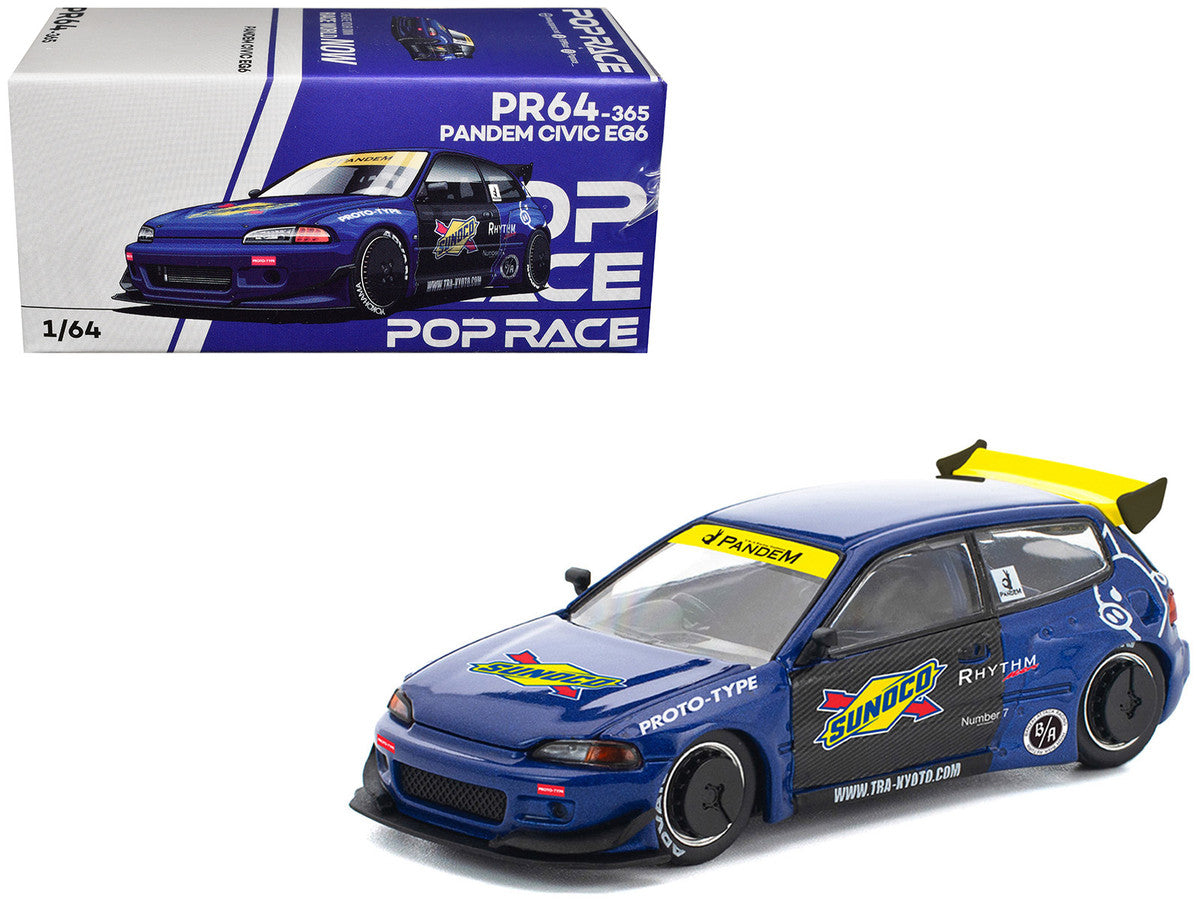 Pandem Civic EG6 RHD (Right Hand Drive) "Sunoco" Blue Metallic with Yellow Accents 1/64 Diecast Model Car by Pop Race Inno Models