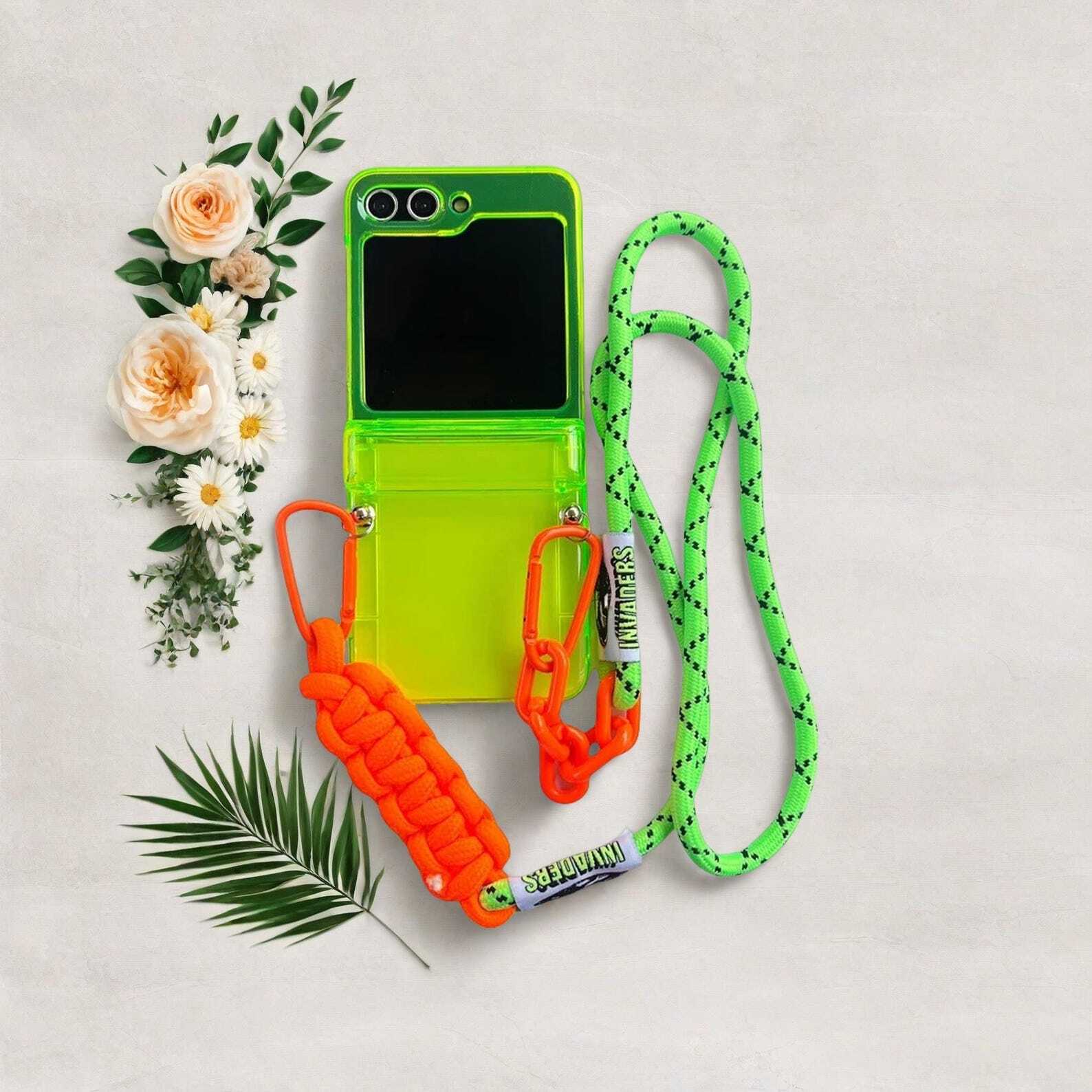 Neon Green Crossbody Phone Case with Card Slot for Samsung Galaxy Z Flip 3 4 5 6 - Hands-Free Lanyard Back Cover W2B