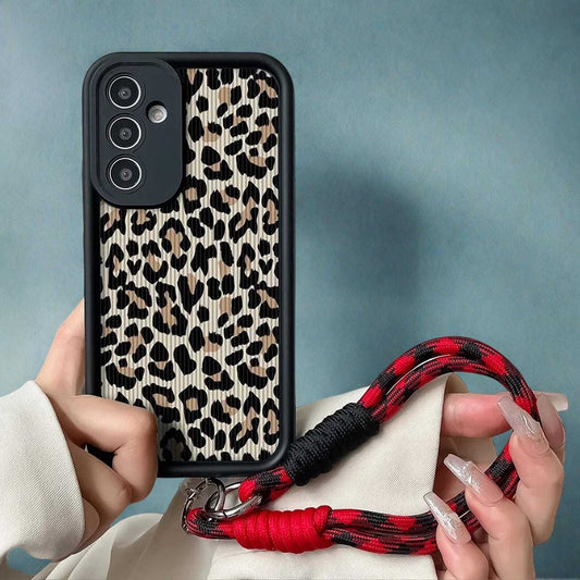Leopard Print Wrist Strap Case for Samsung S25 S24 S23 S22 S21 Plus Ultra, Soft TPU Protective Cover with Secure Chain Lanyard W2B