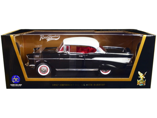 1957 Chevrolet Bel Air Hardtop Black with White Top and Red Interior 1/18 Diecast Model Car by Road Signature Road Signature