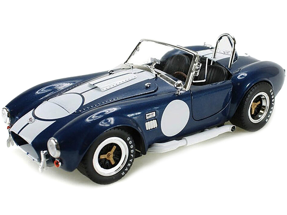 1965 Shelby Cobra 427 S/C Dark Blue Metallic with White Stripes with Printed Carroll Shelby's Signature on the Trunk 1/18 Diecast Model Car by Shelby Collectibles Shelby Collectibles