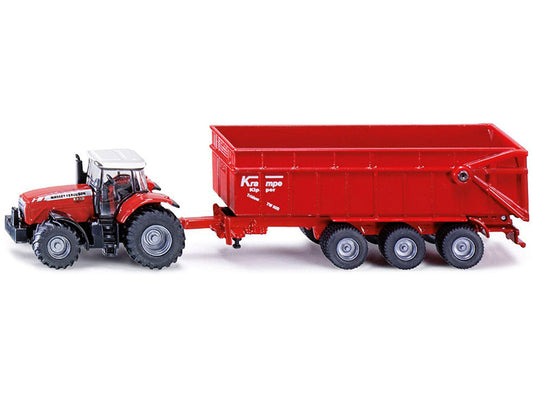 Massey Ferguson 8480 Dyna VT Tractor Red with Silver Top and Krampe Dump Trailer Red 1/87 (HO) Diecast Models by Siku SIKU