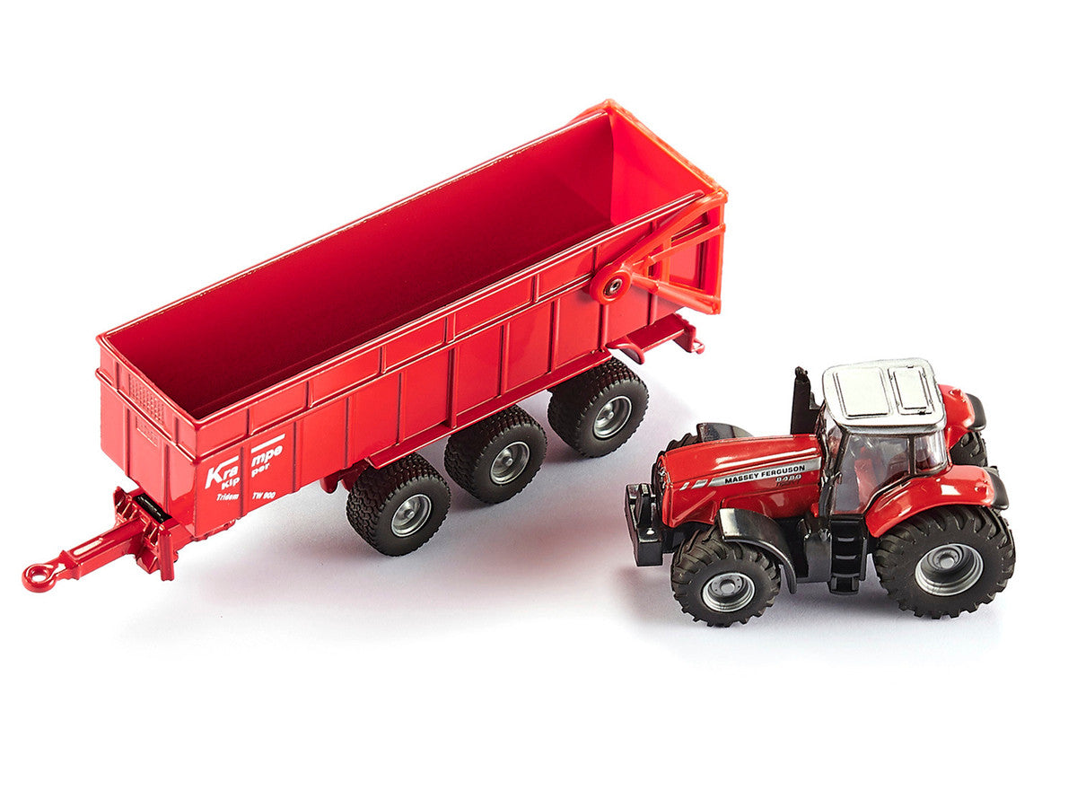 Massey Ferguson 8480 Dyna VT Tractor Red with Silver Top and Krampe Dump Trailer Red 1/87 (HO) Diecast Models by Siku SIKU