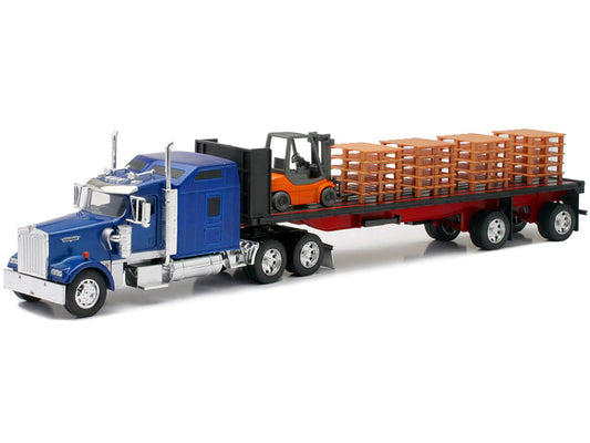 Kenworth W900 Truck with Flatbed Trailer Blue with Forklift and Pallets "Long Haul Truckers" Series 1/32 Diecast Model by New Ray New Ray