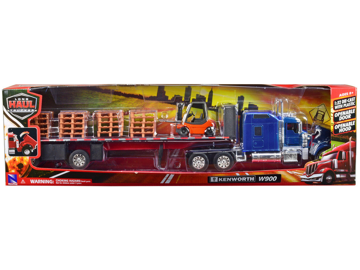 Kenworth W900 Truck with Flatbed Trailer Blue with Forklift and Pallets "Long Haul Truckers" Series 1/32 Diecast Model by New Ray New Ray