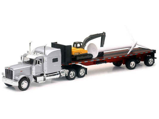 Peterbilt 389 Truck with Flatbed Trailer Silver Metallic with Excavator and Wind Turbine "Long Haul Truckers" Series 1/32 Diecast Model by New Ray New Ray