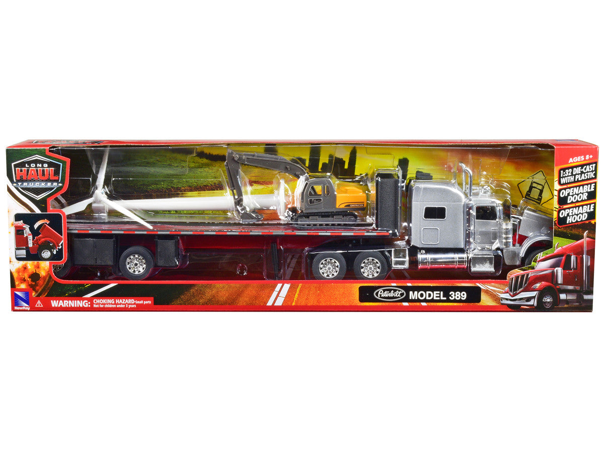 Peterbilt 389 Truck with Flatbed Trailer Silver Metallic with Excavator and Wind Turbine "Long Haul Truckers" Series 1/32 Diecast Model by New Ray New Ray
