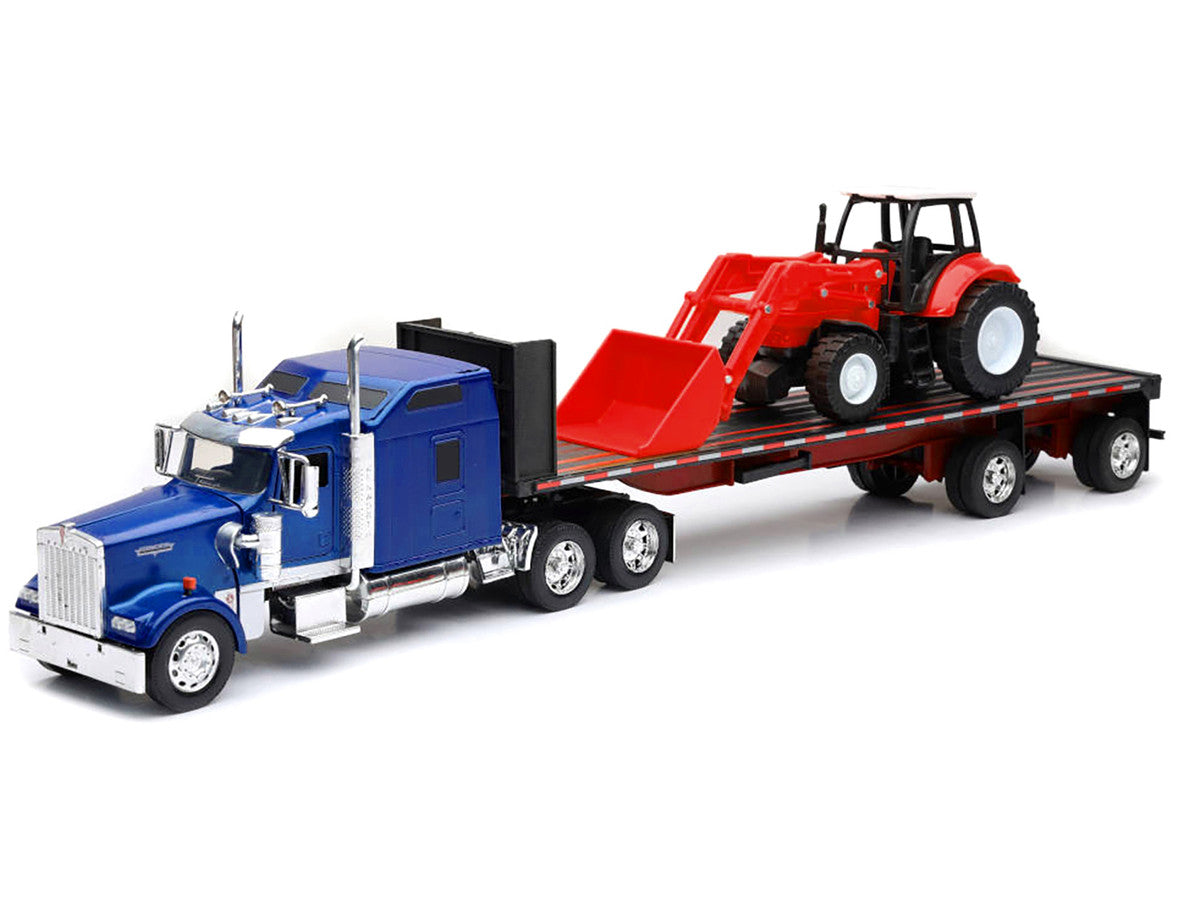 Kenworth W900 Truck with Flatbed Trailer Blue Metallic with Farm Tractor Red "Long Haul Truckers" Series 1/32 Diecast Model by New Ray New Ray