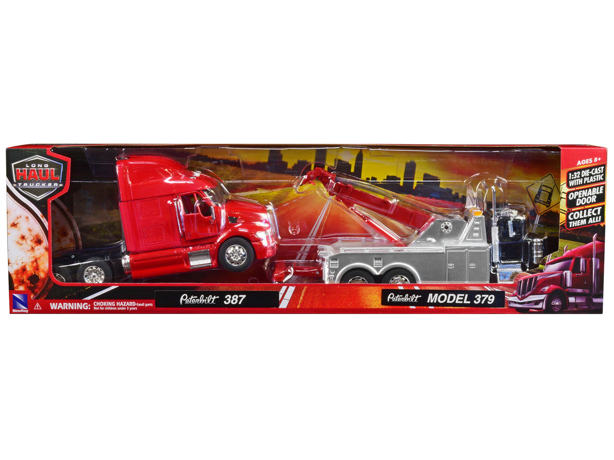 Peterbilt 379 Tow Truck Black with Peterbilt 387 Truck Tractor Red Set of 2 pieces 1/32 Diecast Model by New Ray New Ray