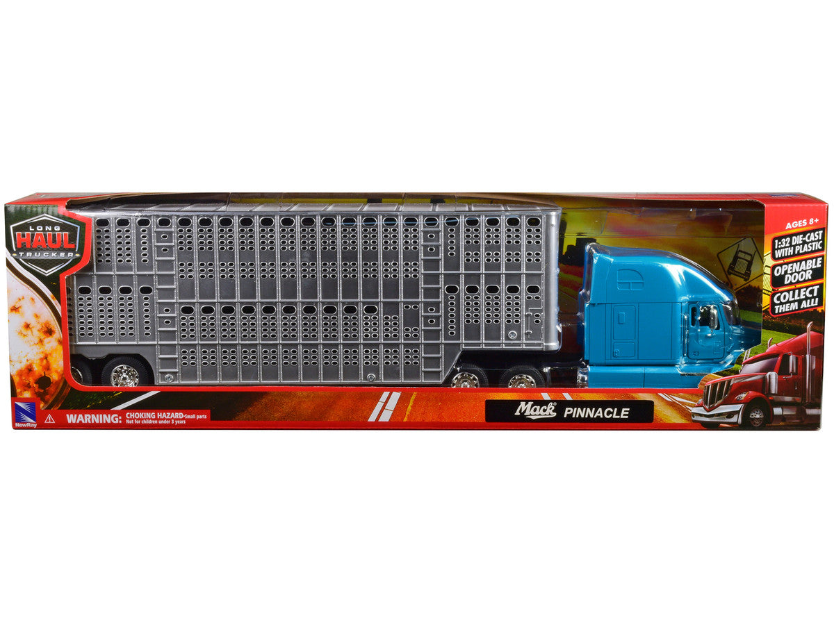 Mack Pinnacle Truck with Pot Belly Livestock Trailer Blue and Chrome "Long Haul Truckers" Series 1/32 Diecast Model by New Ray New Ray