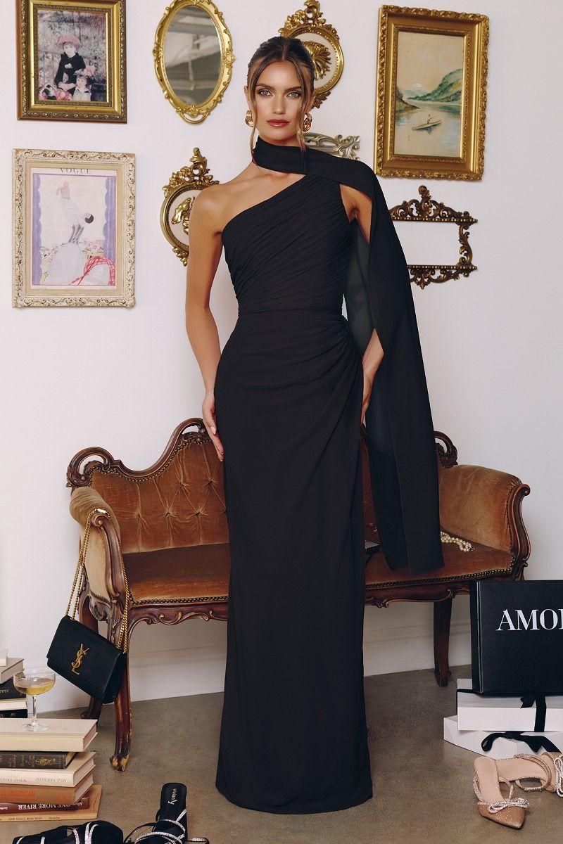One-shoulder Neckline Draped Chiffon Tux-USA